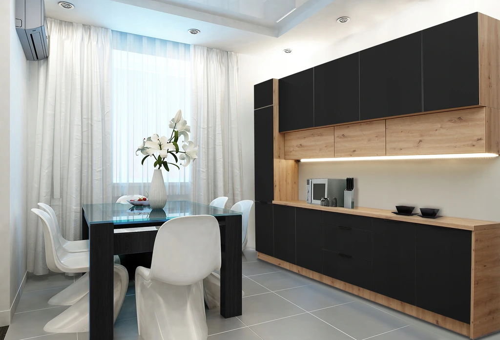 Kuchnia Loft - fronty ryflowane, matowy czarny i kolor Kaszmir